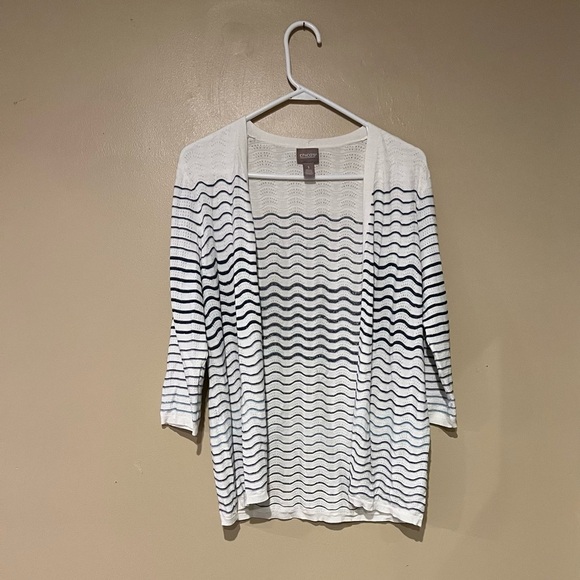 Chico's Women’s Sz 1 White Blue Silver Print 3/4 Sleeve Open Front Cardigan Top - Picture 1 of 7